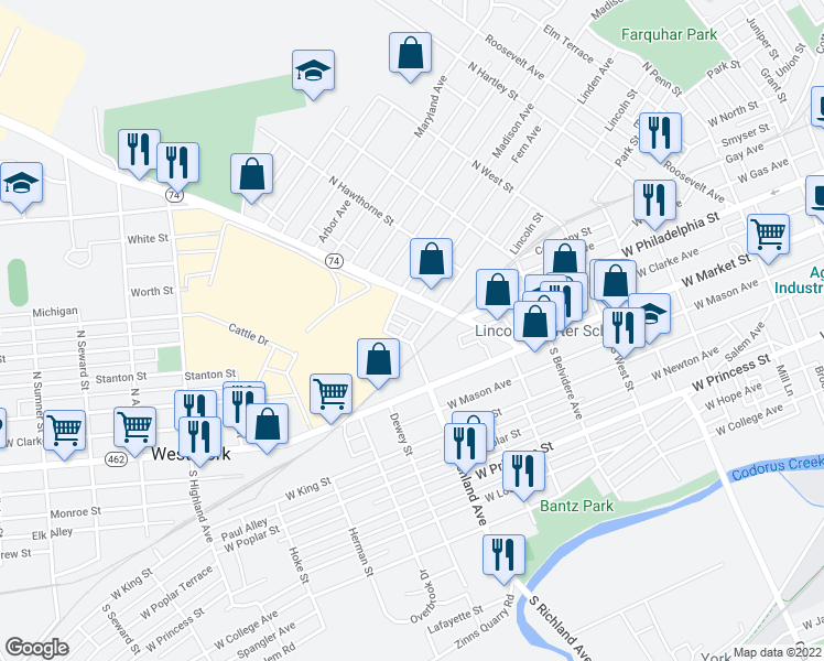 map of restaurants, bars, coffee shops, grocery stores, and more near 937 Linden Avenue in York