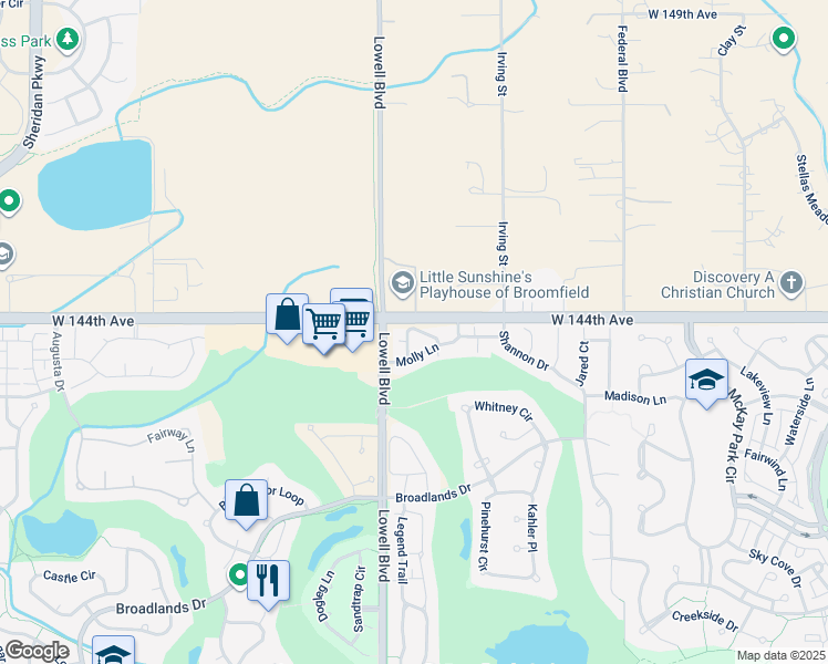 map of restaurants, bars, coffee shops, grocery stores, and more near 3484 Molly Circle in Broomfield