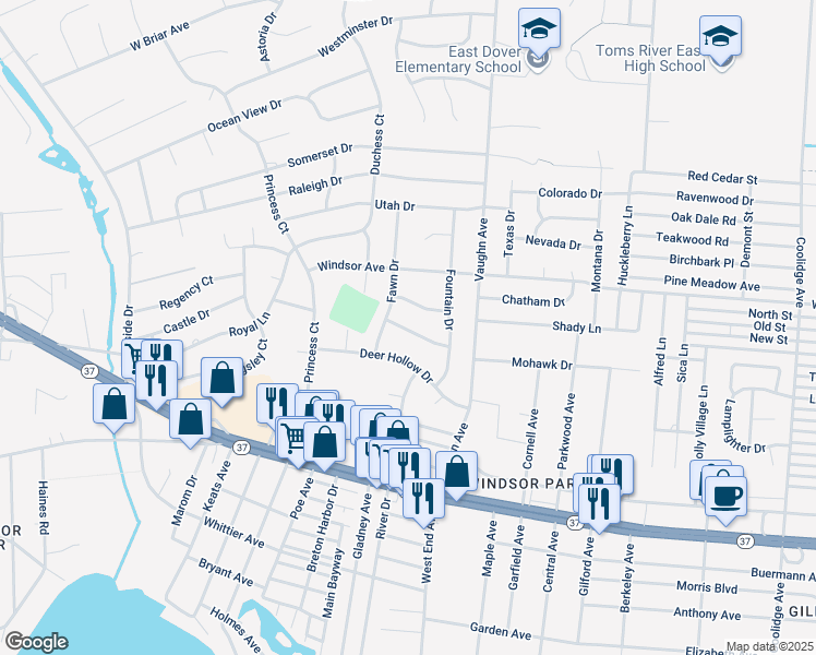 map of restaurants, bars, coffee shops, grocery stores, and more near 1597 Woodcrest Drive in Toms River