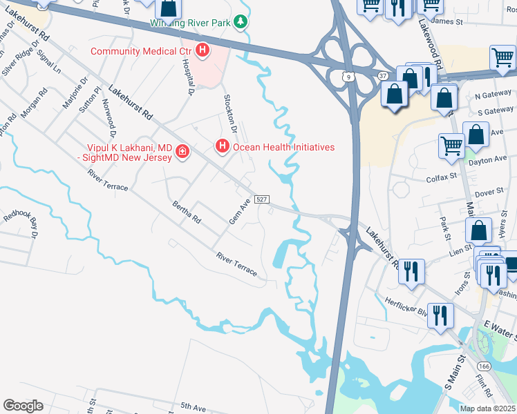 map of restaurants, bars, coffee shops, grocery stores, and more near 20 Edgewood Drive in Toms River