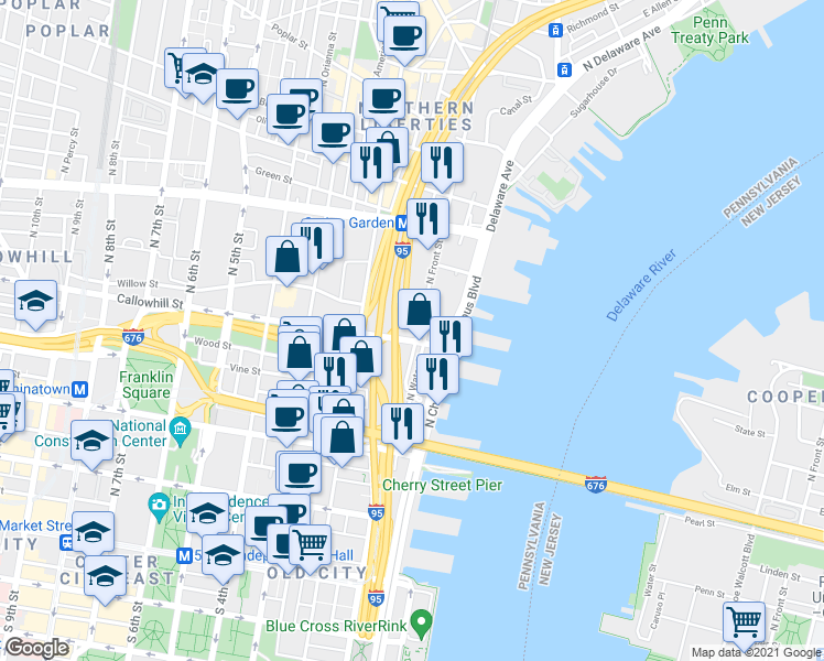map of restaurants, bars, coffee shops, grocery stores, and more near 403 North Front Street in Philadelphia