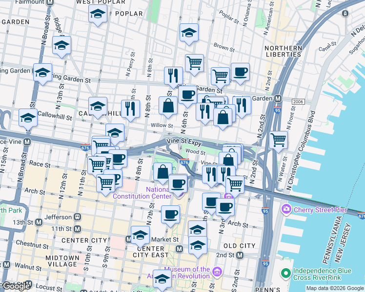 map of restaurants, bars, coffee shops, grocery stores, and more near 517 Wood Street in Philadelphia