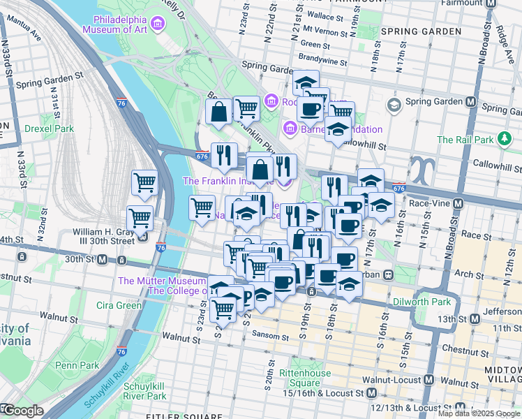 map of restaurants, bars, coffee shops, grocery stores, and more near in Philadelphia