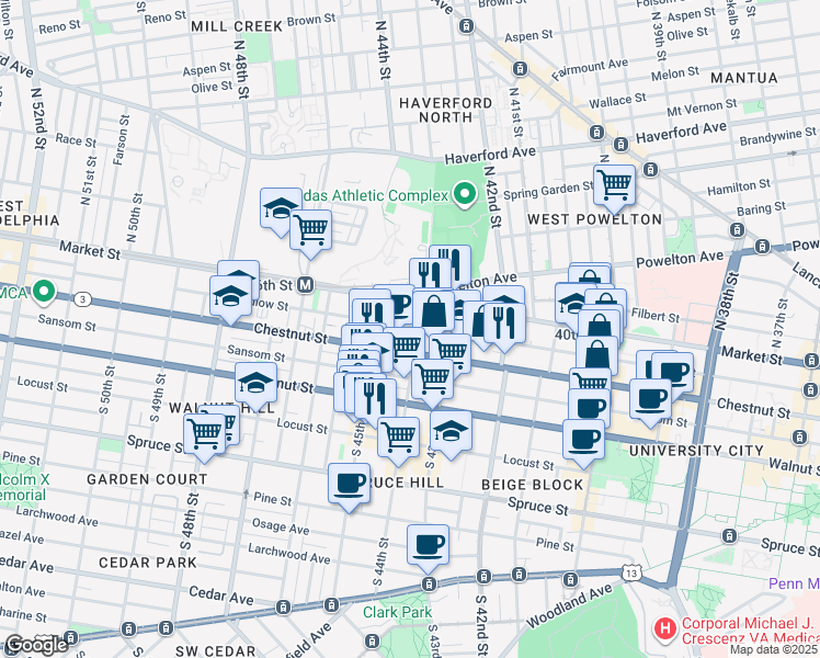 map of restaurants, bars, coffee shops, grocery stores, and more near 42 South 44th Street in Philadelphia
