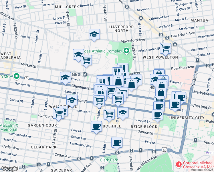 map of restaurants, bars, coffee shops, grocery stores, and more near 42 South 44th Street in Philadelphia