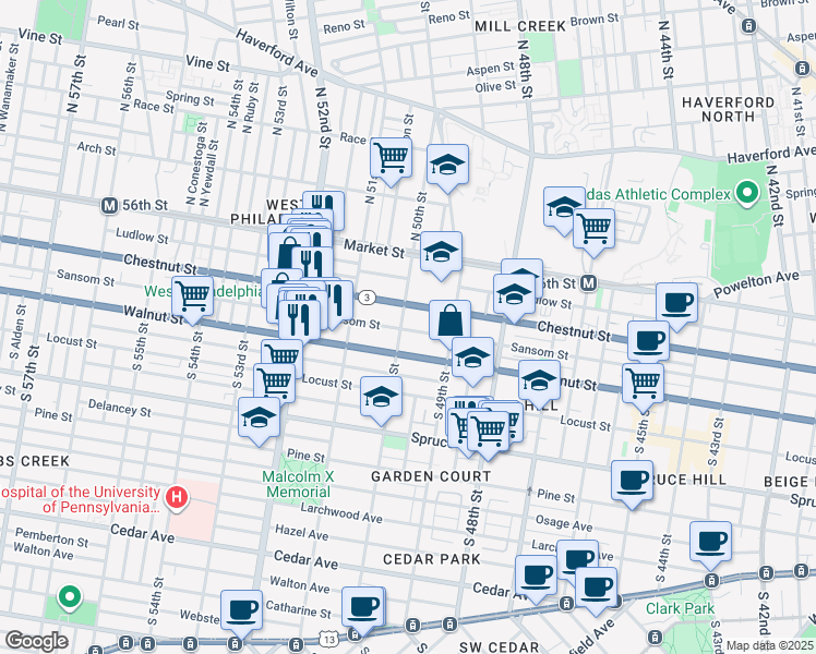 map of restaurants, bars, coffee shops, grocery stores, and more near 4934 Sansom Street in Philadelphia