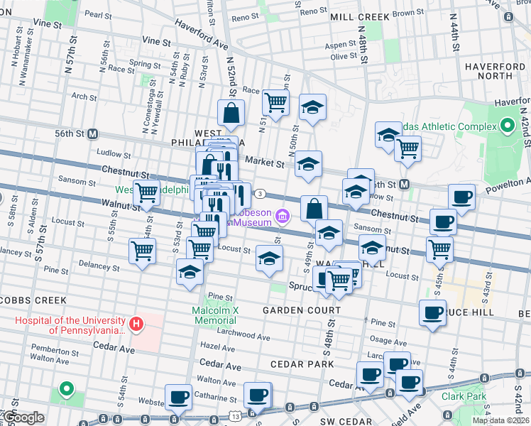 map of restaurants, bars, coffee shops, grocery stores, and more near 5012 Sansom Street in Philadelphia