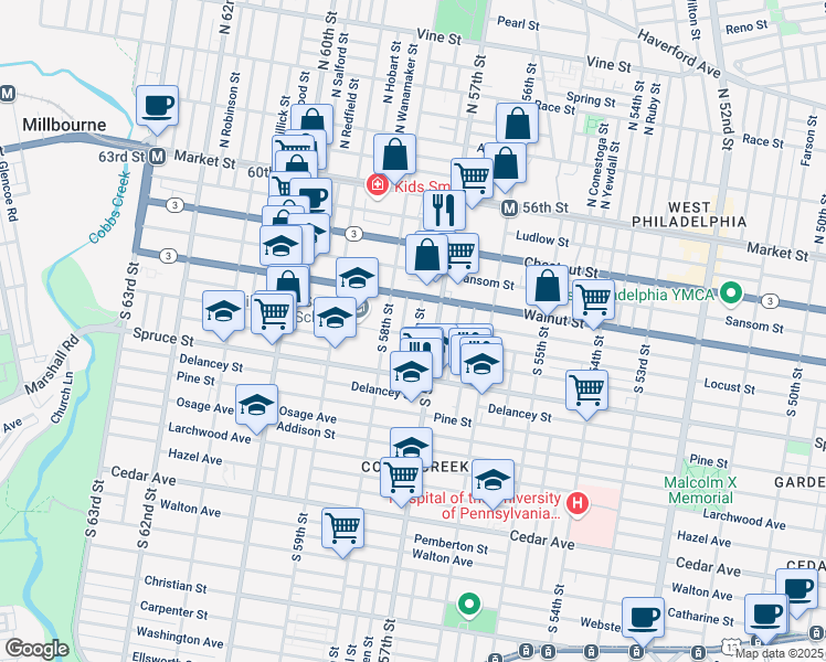 map of restaurants, bars, coffee shops, grocery stores, and more near 247 South Cecil Street in Philadelphia