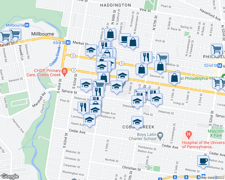 map of restaurants, bars, coffee shops, grocery stores, and more near 246 South 59th Street in Philadelphia