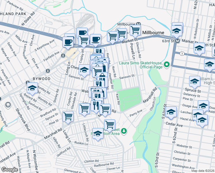 map of restaurants, bars, coffee shops, grocery stores, and more near 142 Heather Road in Delaware County
