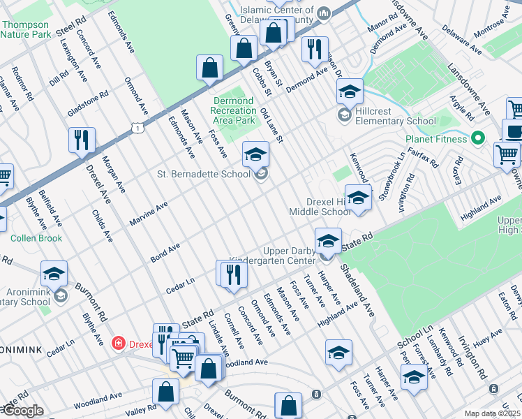 map of restaurants, bars, coffee shops, grocery stores, and more near 933 Foss Avenue in Drexel Hill