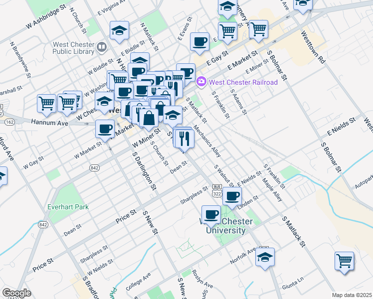 map of restaurants, bars, coffee shops, grocery stores, and more near 312 South High Street in West Chester