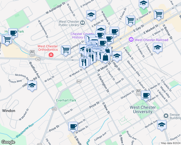map of restaurants, bars, coffee shops, grocery stores, and more near 227 West Miner Street in West Chester