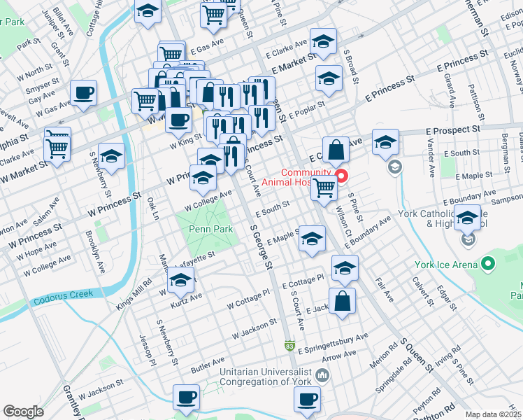 map of restaurants, bars, coffee shops, grocery stores, and more near 34 East South Street in York
