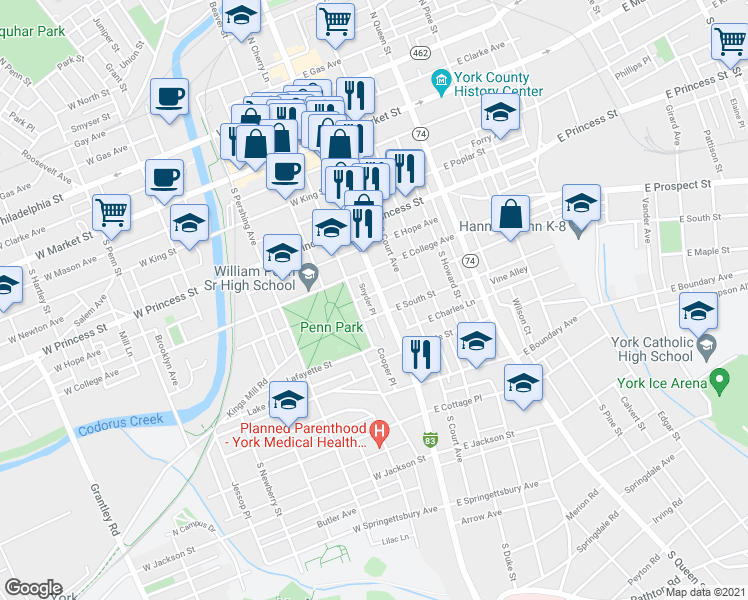 map of restaurants, bars, coffee shops, grocery stores, and more near 354 Interstate 83 Business in York