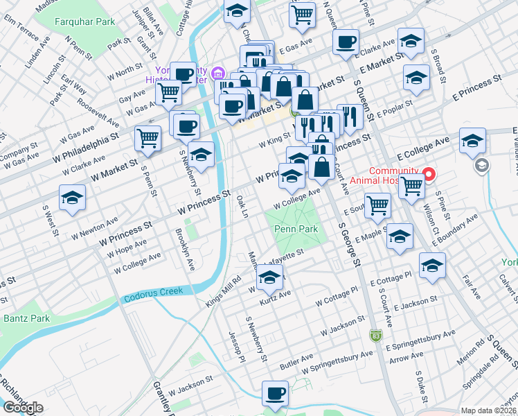 map of restaurants, bars, coffee shops, grocery stores, and more near 30 West College Avenue in York