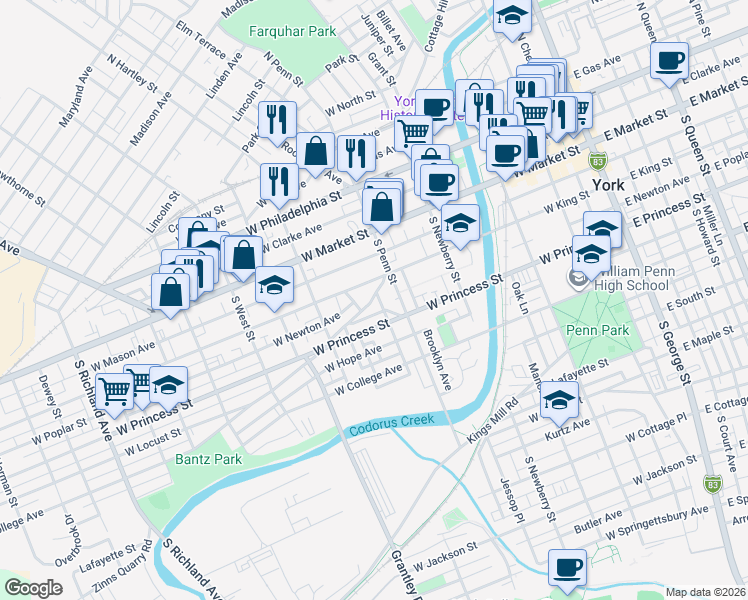 map of restaurants, bars, coffee shops, grocery stores, and more near 442 Salem Avenue in York