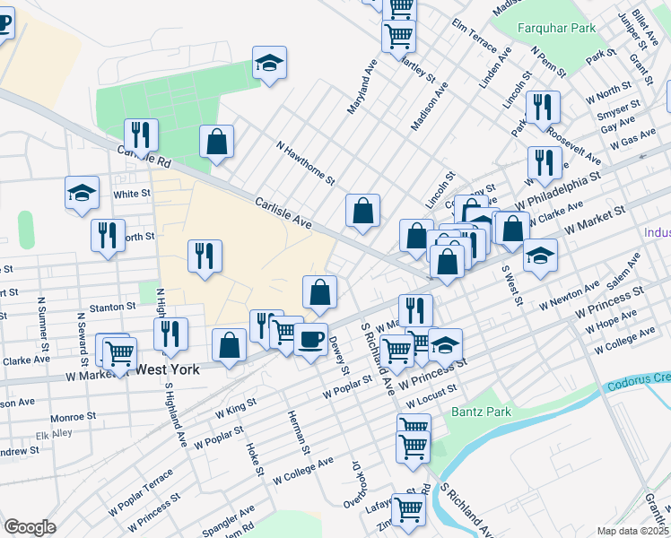 map of restaurants, bars, coffee shops, grocery stores, and more near 945 Linden Avenue in York