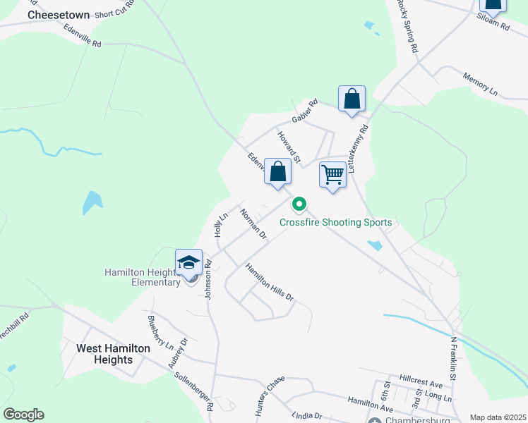 map of restaurants, bars, coffee shops, grocery stores, and more near 1843 Johnson Road in Chambersburg