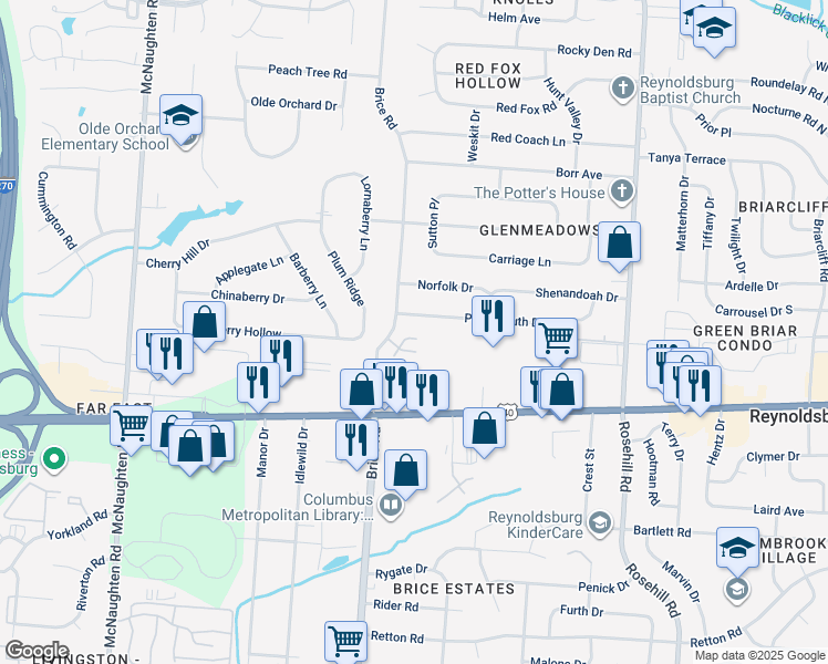map of restaurants, bars, coffee shops, grocery stores, and more near 1197 Woodwind Drive in Reynoldsburg