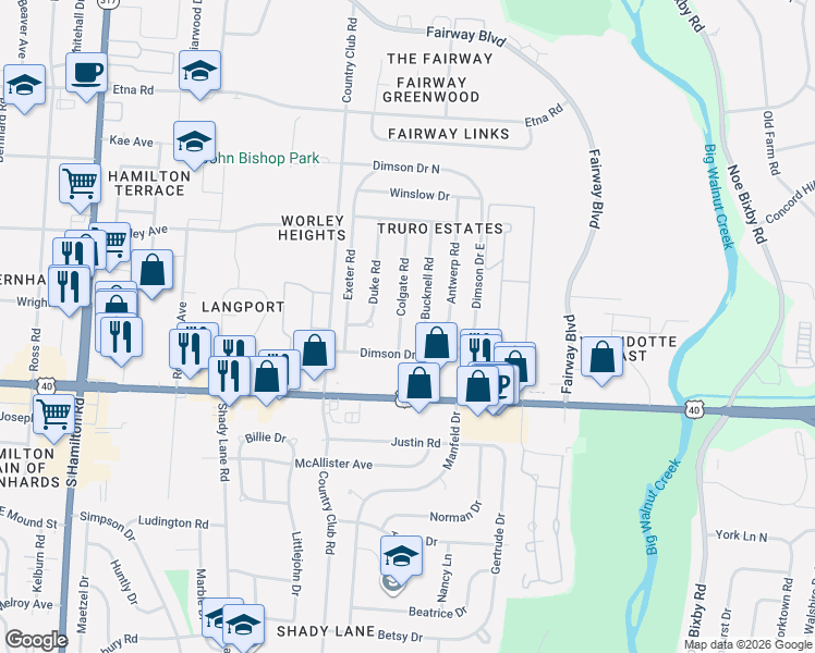 map of restaurants, bars, coffee shops, grocery stores, and more near 1015 Colgate Road in Columbus