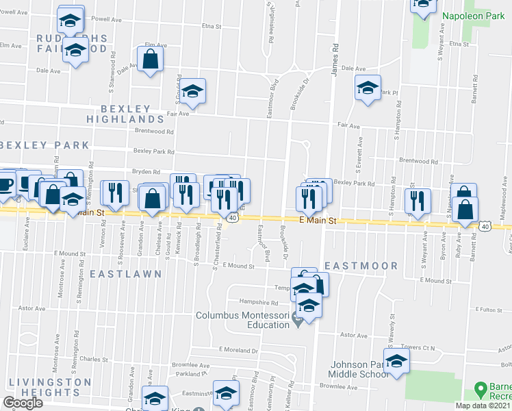 map of restaurants, bars, coffee shops, grocery stores, and more near 3000b East Main Street in Columbus