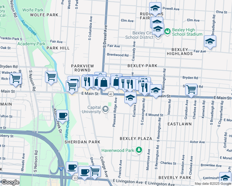 map of restaurants, bars, coffee shops, grocery stores, and more near 2344 U.S. 40 in Bexley
