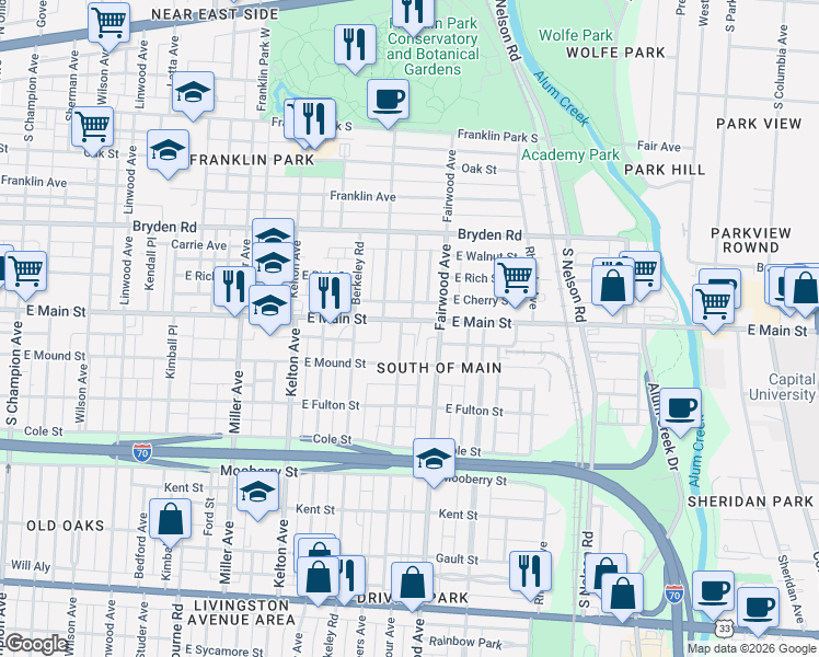 map of restaurants, bars, coffee shops, grocery stores, and more near 490 Seymour Avenue in Columbus