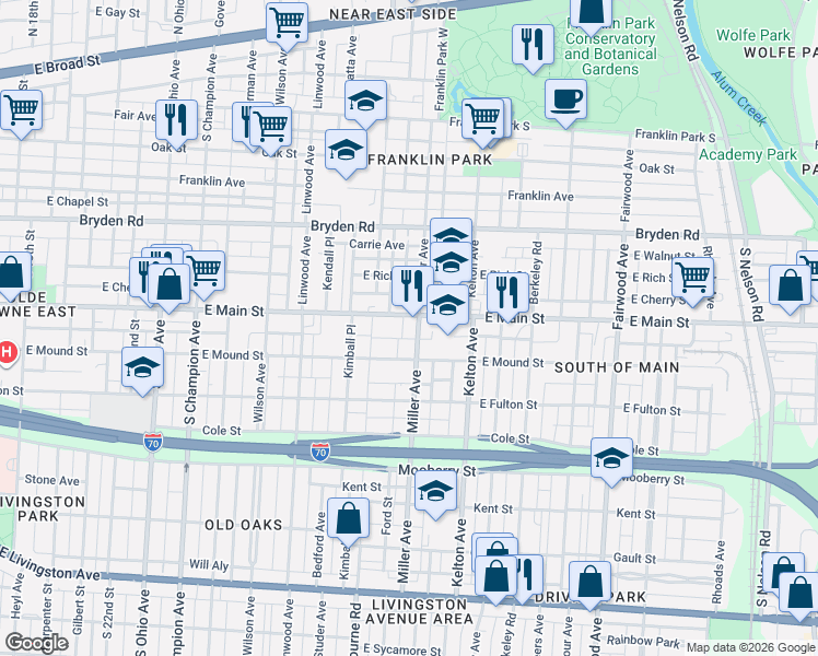 map of restaurants, bars, coffee shops, grocery stores, and more near 458 Miller Avenue in Columbus