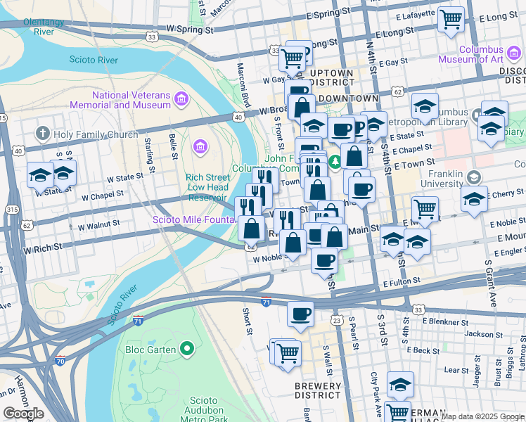 map of restaurants, bars, coffee shops, grocery stores, and more near in Columbus