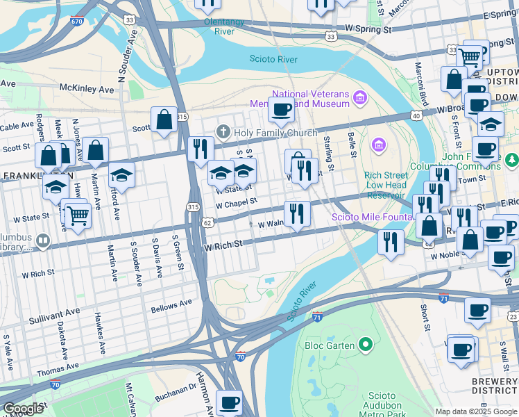 map of restaurants, bars, coffee shops, grocery stores, and more near 541 Ohio 3 in Columbus
