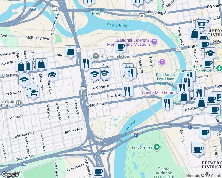 map of restaurants, bars, coffee shops, grocery stores, and more near 541 Ohio 3 in Columbus