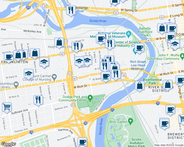 map of restaurants, bars, coffee shops, grocery stores, and more near 541 Ohio 3 in Columbus