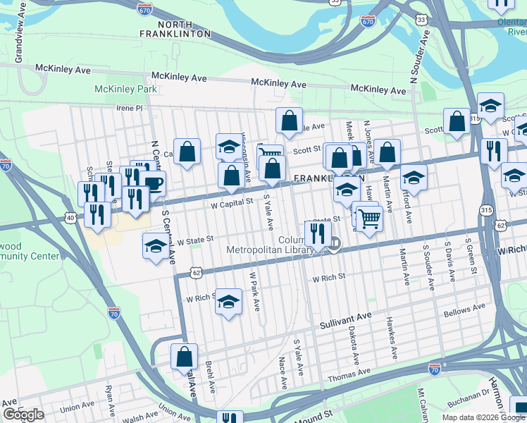 map of restaurants, bars, coffee shops, grocery stores, and more near 68 West Park Avenue in Columbus