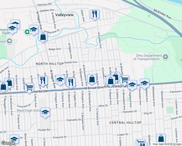 map of restaurants, bars, coffee shops, grocery stores, and more near 77 Eldon Avenue in Columbus