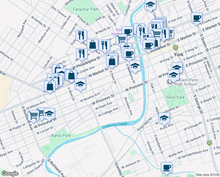 map of restaurants, bars, coffee shops, grocery stores, and more near 442 Salem Avenue in York