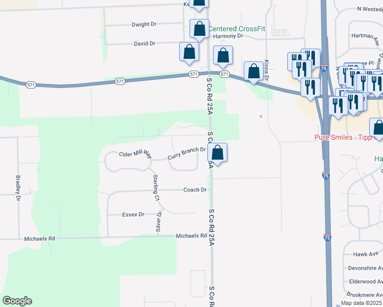 map of restaurants, bars, coffee shops, grocery stores, and more near 1724 Curry Branch Drive in Tipp City