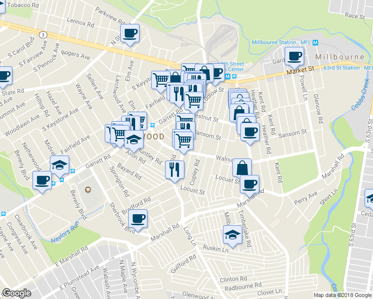 map of restaurants, bars, coffee shops, grocery stores, and more near 163 Long Lane in Upper Darby