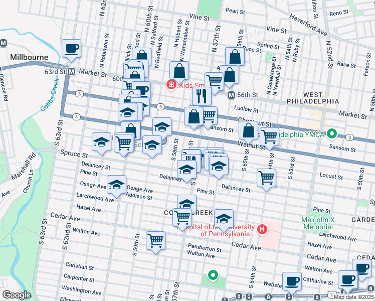 map of restaurants, bars, coffee shops, grocery stores, and more near 240 South Alden Street in Philadelphia