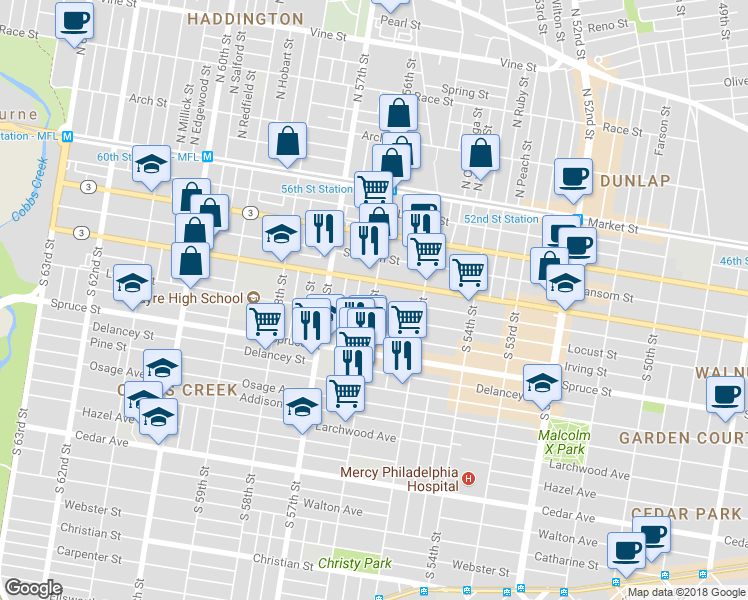 map of restaurants, bars, coffee shops, grocery stores, and more near 5742 Chancellor Street in Philadelphia