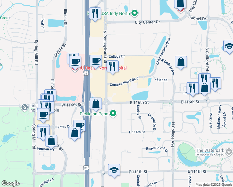 map of restaurants, bars, coffee shops, grocery stores, and more near 111 Congressional Boulevard in Carmel