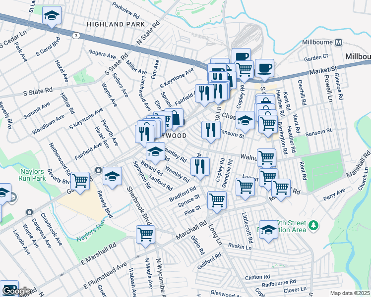 map of restaurants, bars, coffee shops, grocery stores, and more near 139 Springton Road in Upper Darby