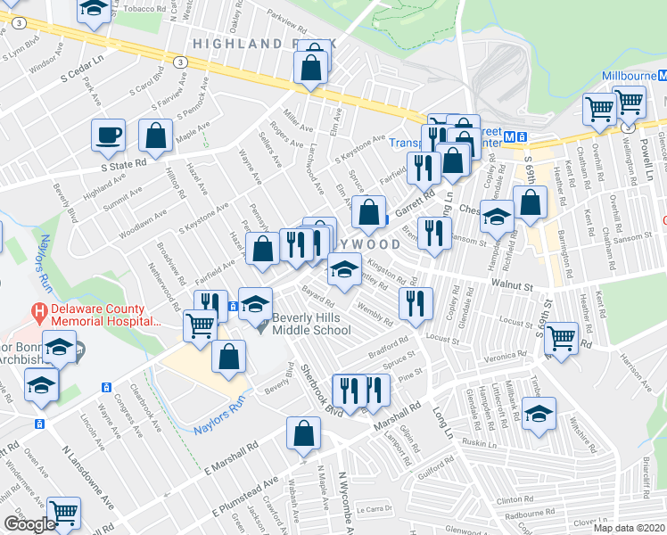 map of restaurants, bars, coffee shops, grocery stores, and more near 791 Shelbourne Road in Upper Darby
