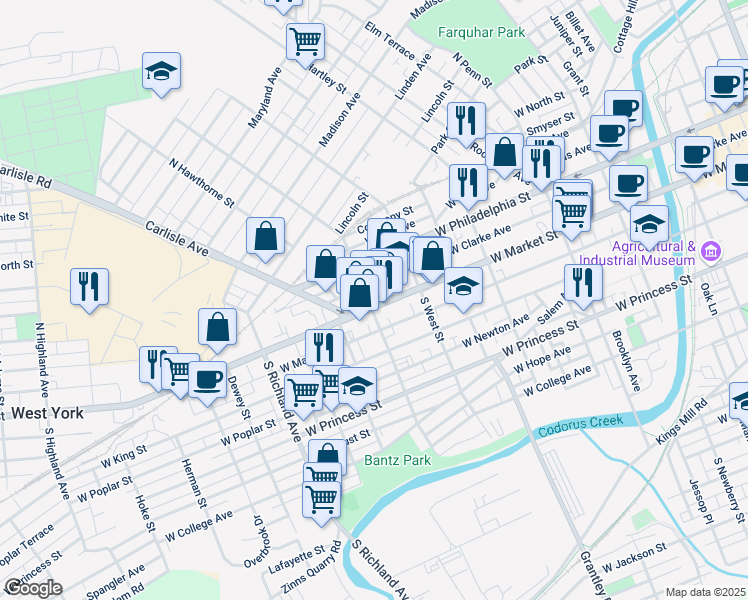 map of restaurants, bars, coffee shops, grocery stores, and more near 652 West Market Street in York