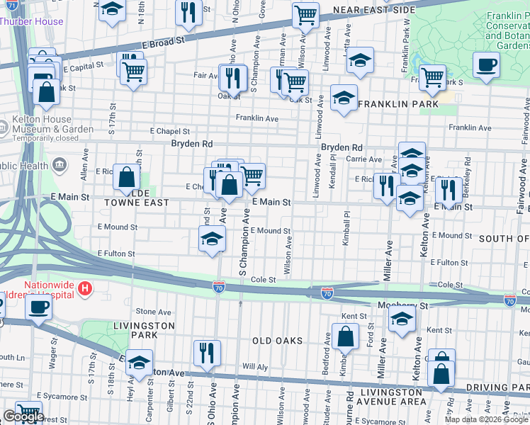 map of restaurants, bars, coffee shops, grocery stores, and more near 434 Oakwood Avenue in Columbus
