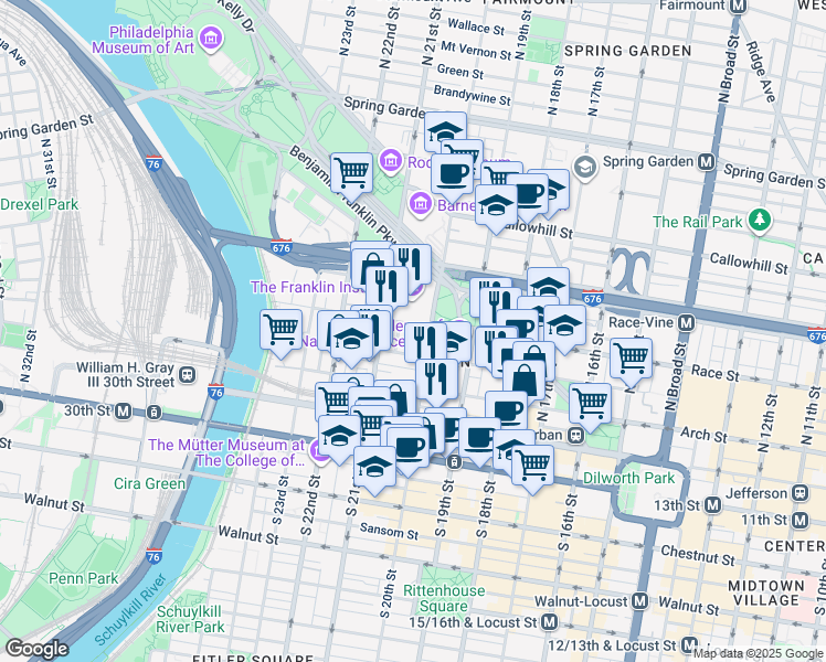 map of restaurants, bars, coffee shops, grocery stores, and more near 2016 Race Street in Philadelphia