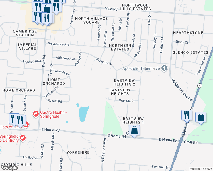 map of restaurants, bars, coffee shops, grocery stores, and more near 1800 Devon Drive in Springfield