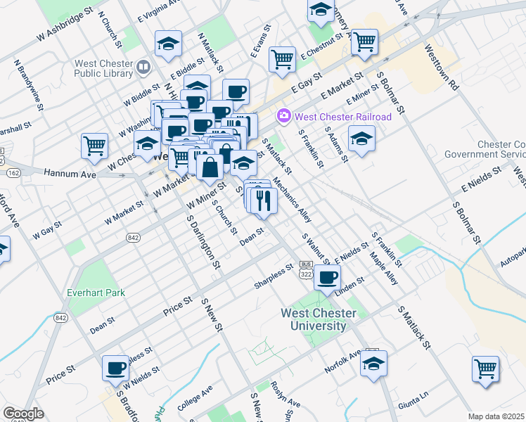 map of restaurants, bars, coffee shops, grocery stores, and more near 301 South High Street in West Chester