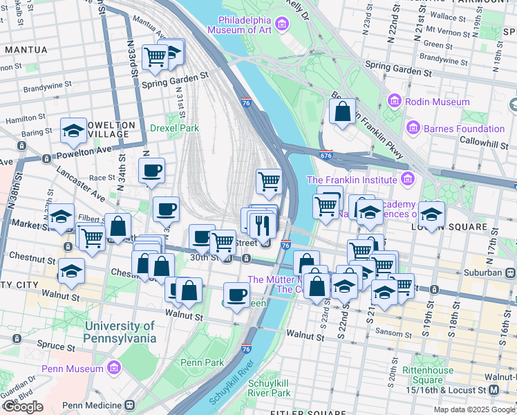 map of restaurants, bars, coffee shops, grocery stores, and more near 601 North 30th Street in Philadelphia
