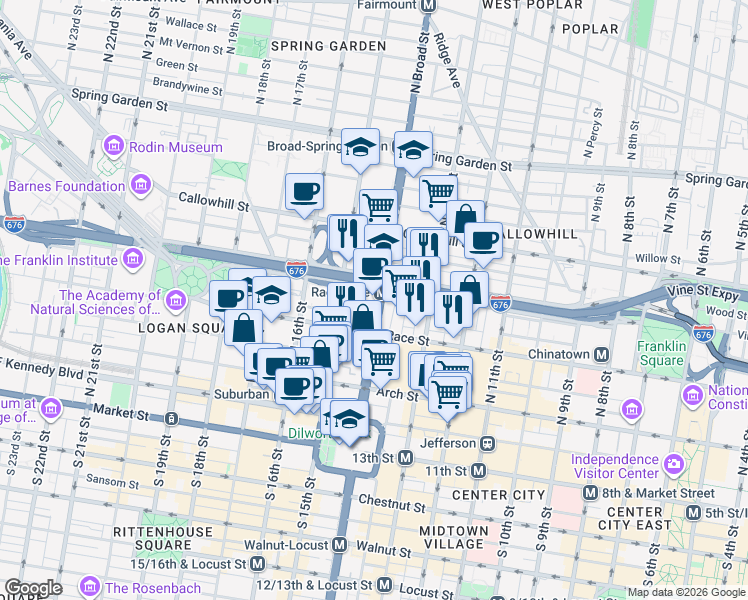 map of restaurants, bars, coffee shops, grocery stores, and more near 230 North Broad Street in Philadelphia